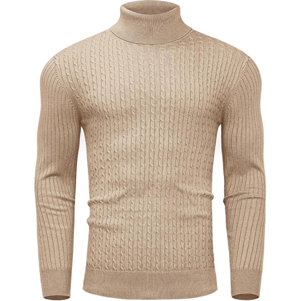 imageAlimens amp Gentle Mens Turtleneck Slim Fit Sweater Long Sleeve Cable Knitted Twisted Pullover Soft Casual Winter Tops for MenBeige