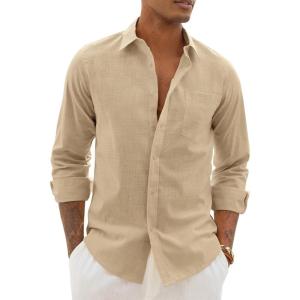 Alimens & Gentle Linen Shirts for Men Long Sleeve Casual Cotton Button Down Shirts Summer Beach Wedding Tops with Pocket(Khaki)