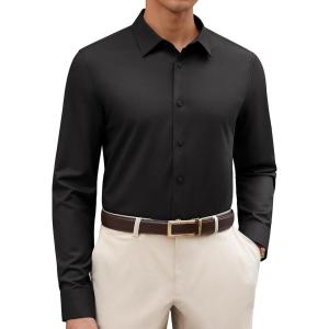 Alimens & Gentle Men’s Dress Shirt Solid Long Sleeve Wrinkle Free Wedding Formal Business Casual Stretch Button Down Shirts(Black)