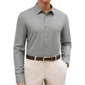 Alimens & Gentle Men’s Dress Shirt Solid Long Sleeve Wrinkle Free Wedding Formal Business Casual Stretch Button Down Shirts(Grey)