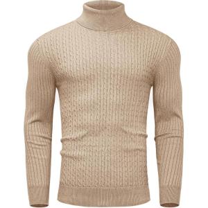 Alimens & Gentle Mens Turtleneck Slim Fit Sweater Long Sleeve Cable Knitted Twisted Pullover Soft Casual Winter Tops for Men(Beige)