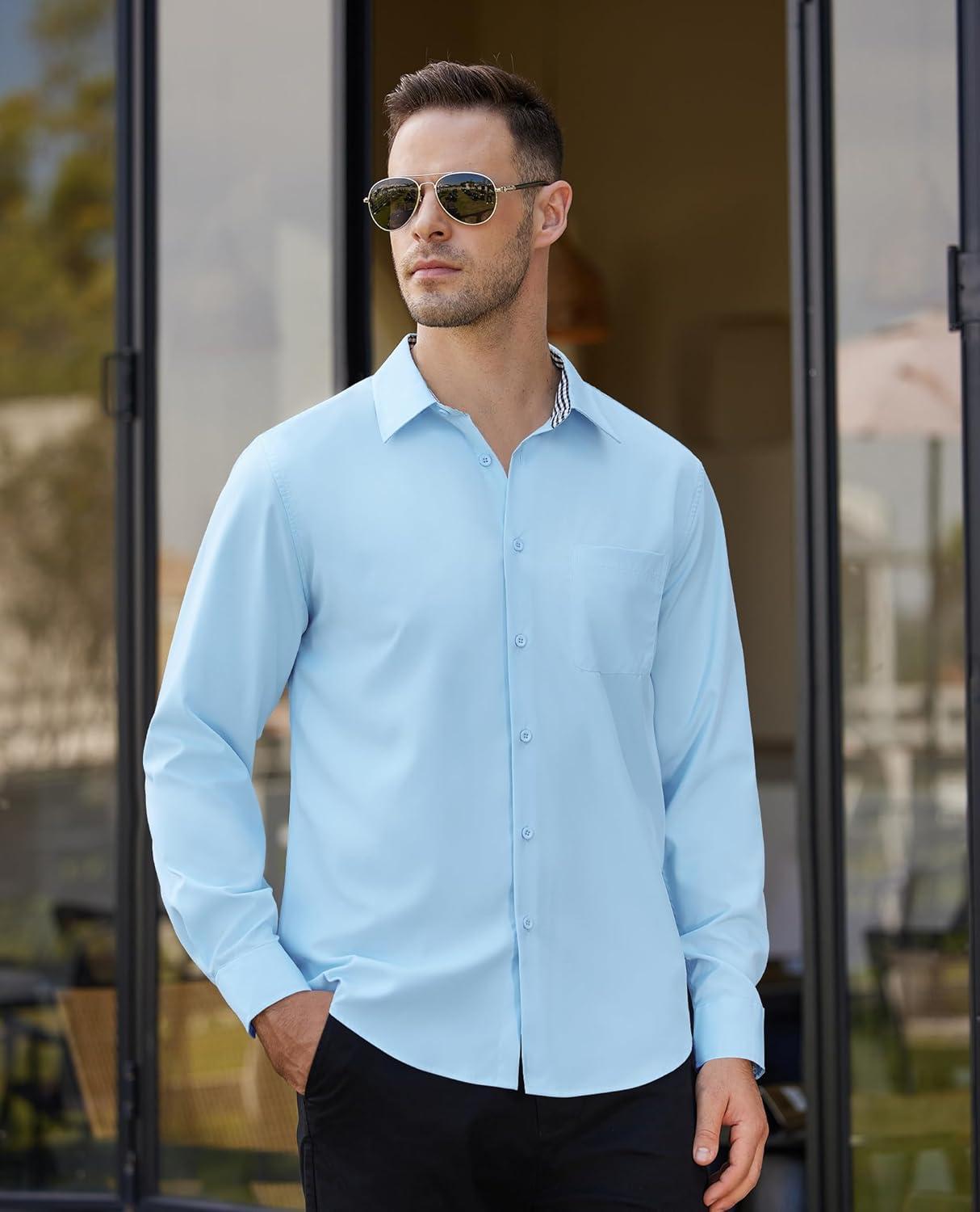 imageAlimens amp Gentle Mens Long Sleeve Shirts Casual Plaid Button Down Shirts for Men Dress ShirtSky Blue