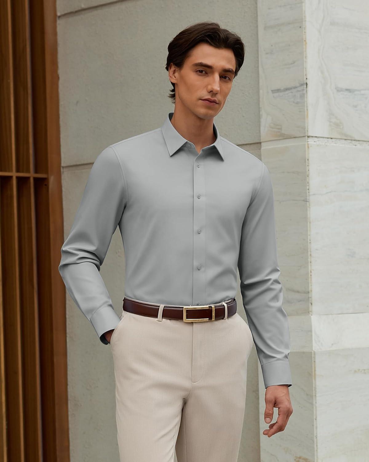 imageAlimens amp Gentle Mens Silk Dress Shirt Long Sleeve Wrinkle Free Stretch Business Casual Button Down ShirtsLight Grey