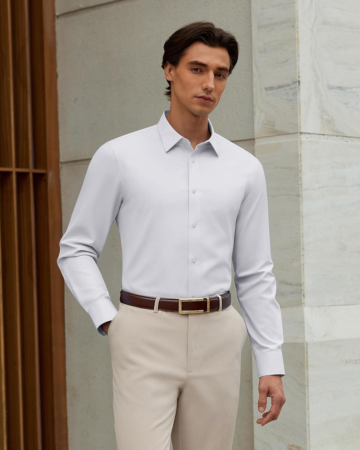 imageAlimens amp Gentle Mens Silk Dress Shirt Long Sleeve Wrinkle Free Stretch Business Casual Button Down ShirtsWhite