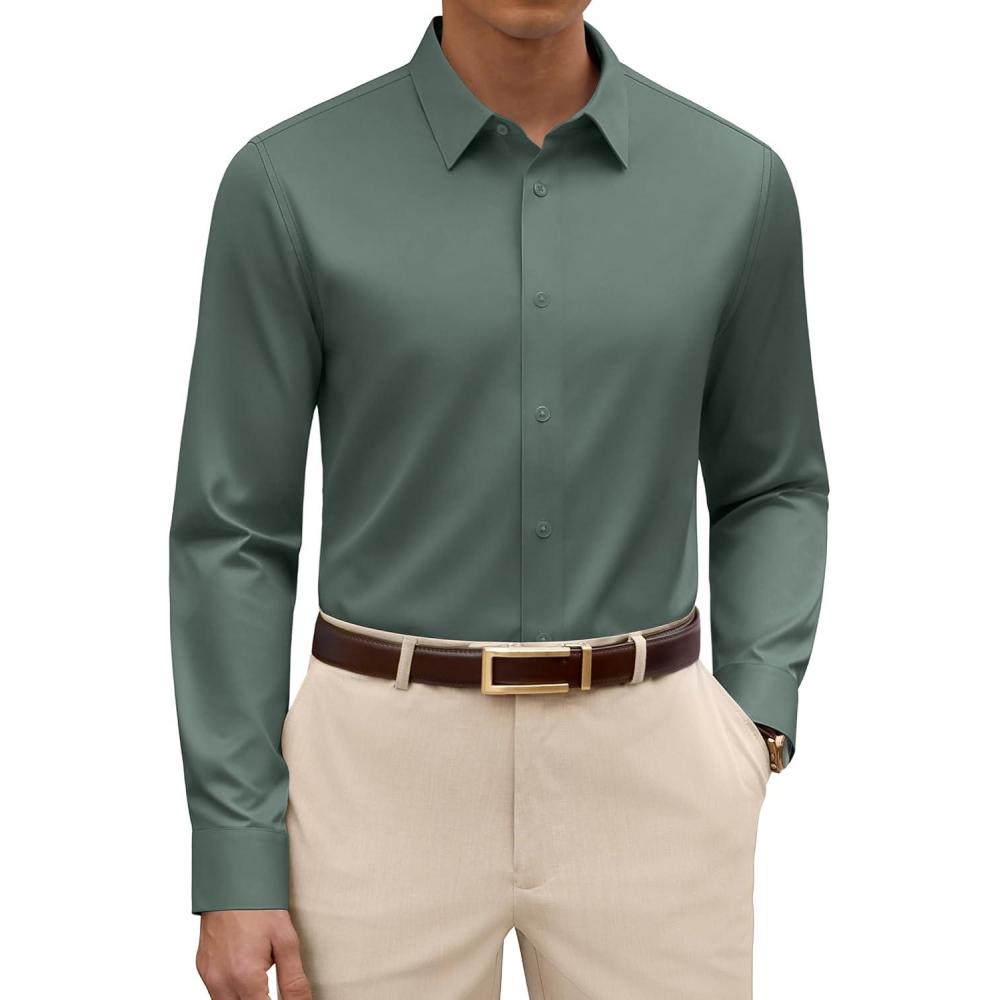 imageAlimens amp Gentle Mens Silk Dress Shirt Long Sleeve Wrinkle Free Stretch Business Casual Button Down ShirtsGreen
