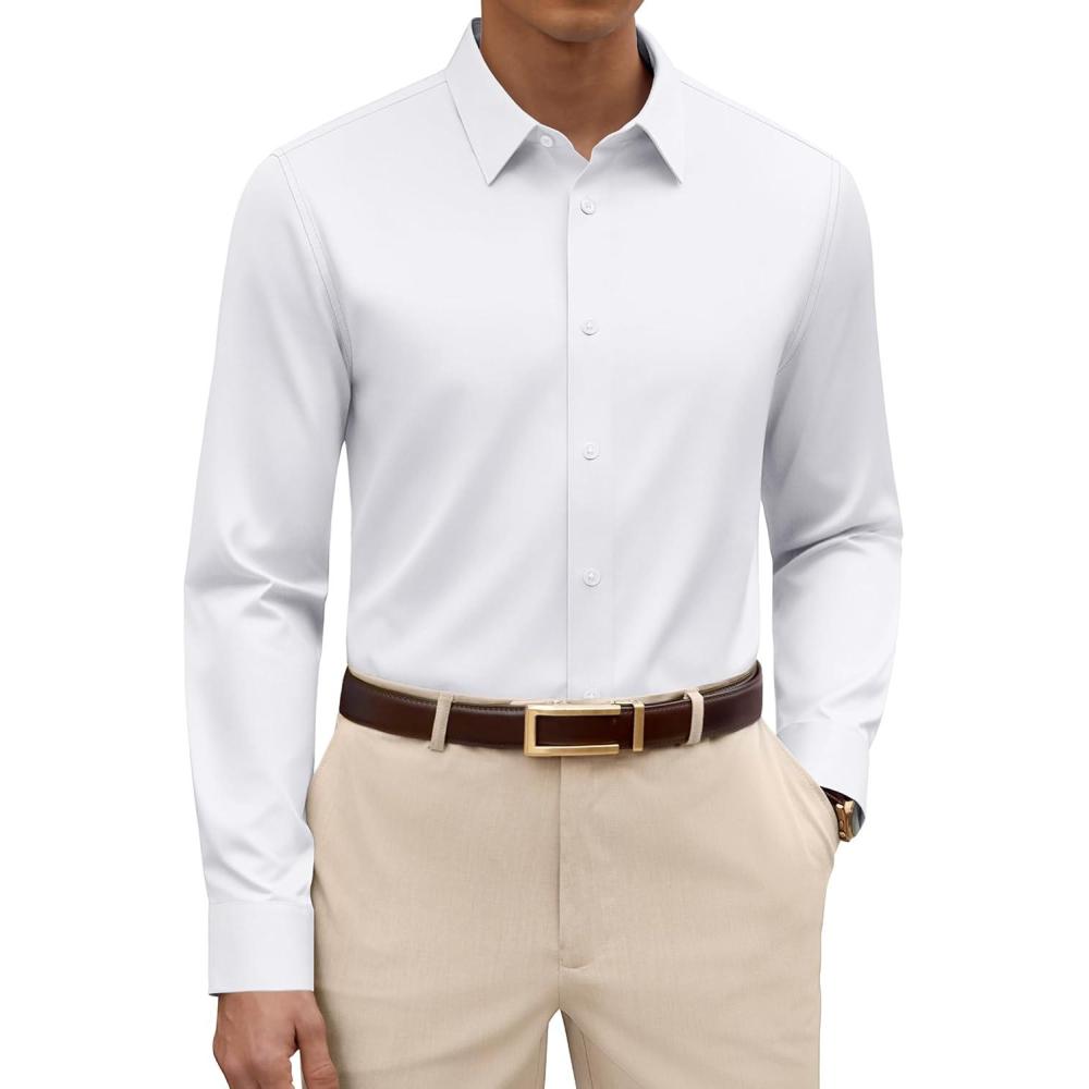imageAlimens amp Gentle Mens Silk Dress Shirt Long Sleeve Wrinkle Free Stretch Business Casual Button Down ShirtsWhite