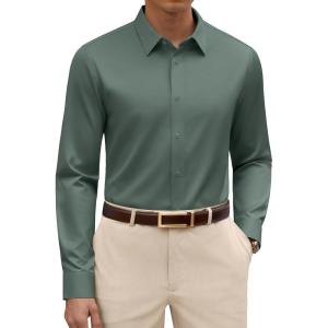 Alimens & Gentle Men’s Silk Dress Shirt Long Sleeve Wrinkle Free Stretch Business Casual Button Down Shirts(Green)