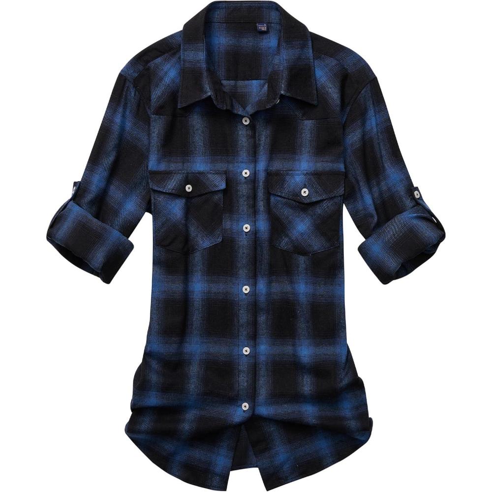 imageAlimens amp Gentle Womens Flannel Shirt Long Sleeve Plaid Shacket Soft Casual Collared Loose Button Down Roll Up Blouses TopsNavy Black