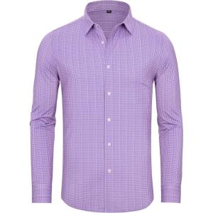 Alimens & Gentle 4 Way Stretch Mens Button Down Shirts Plaid Dress Shirt Wrinkle Free Long Sleeve Gingham Shirts(Purple Plaid)