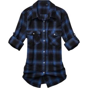Alimens & Gentle Womens Flannel Shirt Long Sleeve Plaid Shacket Soft Casual Collared Loose Button Down Roll Up Blouses Tops(Navy Black)