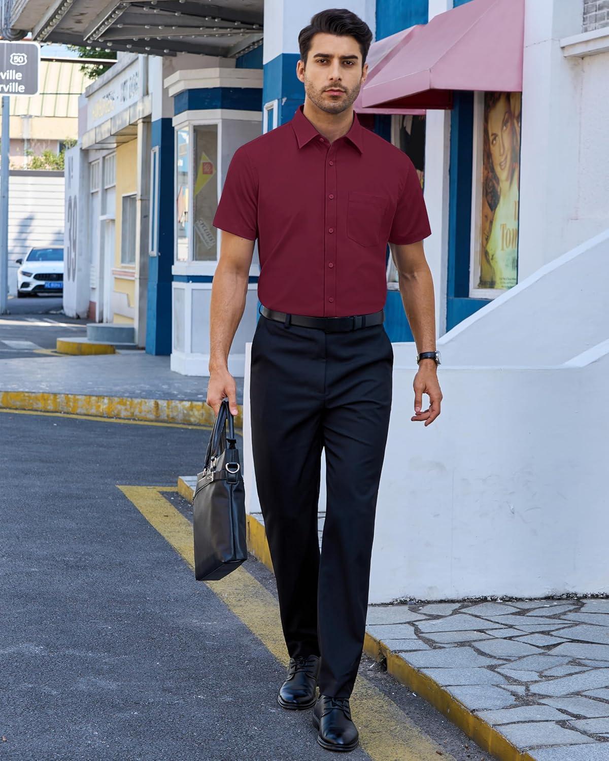 imageAlimens amp Gentle Mens Dress Shirts Short Sleeve Wrinkle Free Stretch Regular Fit Formal Casual Button Down Shirt with PocketBurgundy