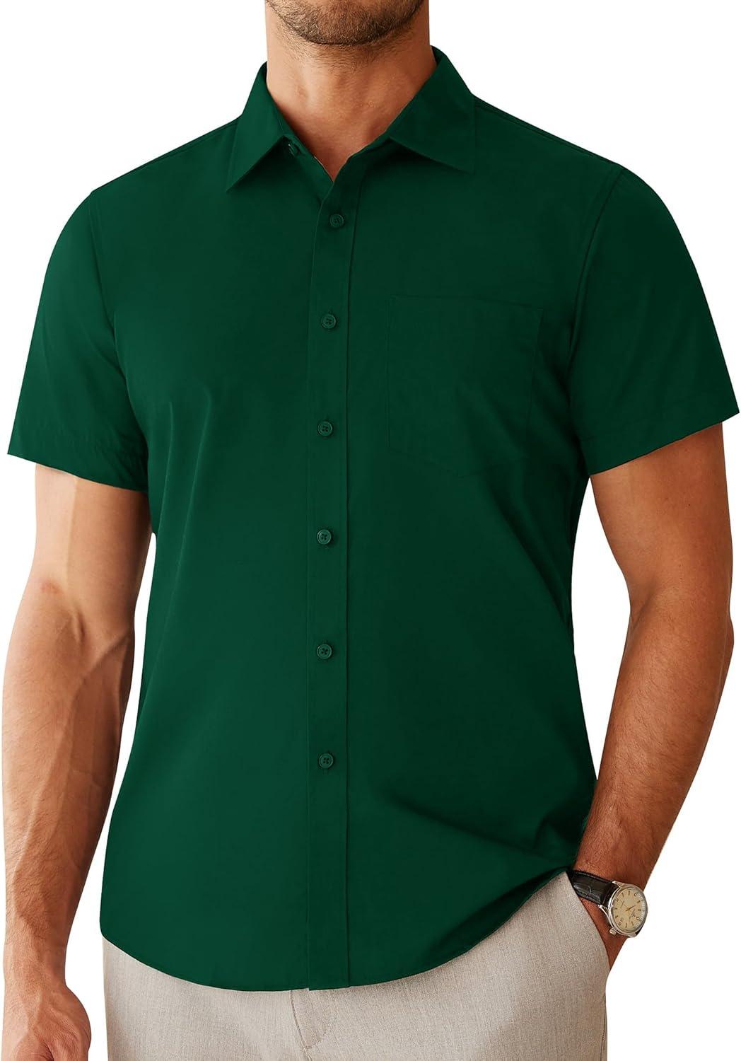 imageAlimens amp Gentle Mens Dress Shirts Short Sleeve Wrinkle Free Stretch Regular Fit Formal Casual Button Down Shirt with PocketDark Green