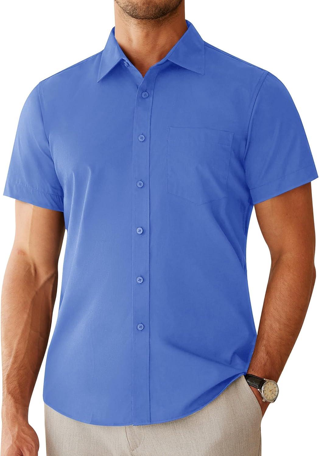 imageAlimens amp Gentle Mens Dress Shirts Short Sleeve Wrinkle Free Stretch Regular Fit Formal Casual Button Down Shirt with PocketDeep Blue