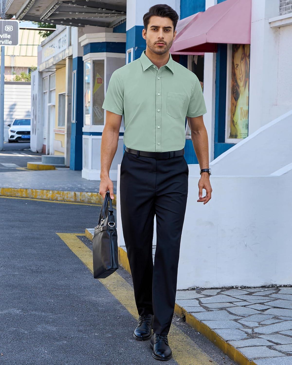 imageAlimens amp Gentle Mens Dress Shirts Short Sleeve Wrinkle Free Stretch Regular Fit Formal Casual Button Down Shirt with PocketGreen