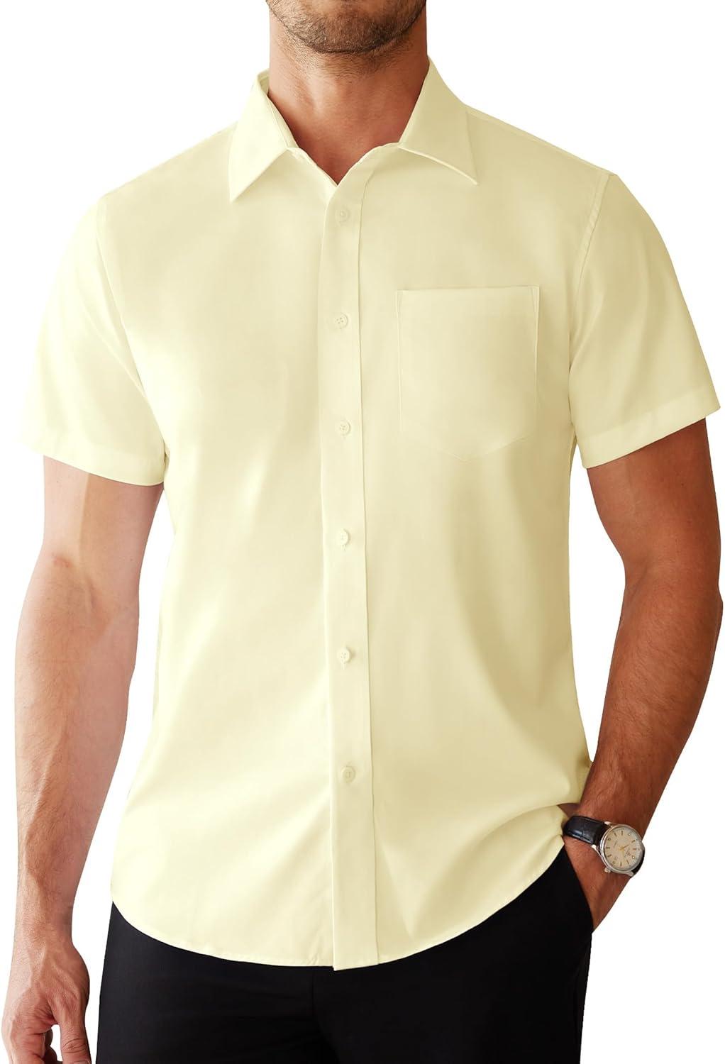 imageAlimens amp Gentle Mens Dress Shirts Short Sleeve Wrinkle Free Stretch Regular Fit Formal Casual Button Down Shirt with PocketYellow