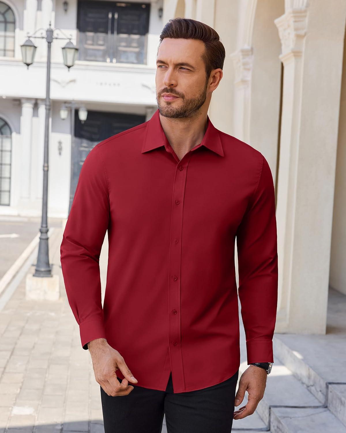 imageAlimens amp Gentle Mens Dress Shirts Stretch Solid Wrinkle Free Button Down Shirt Business Wedding Casual Button Up ShirtBurgundy