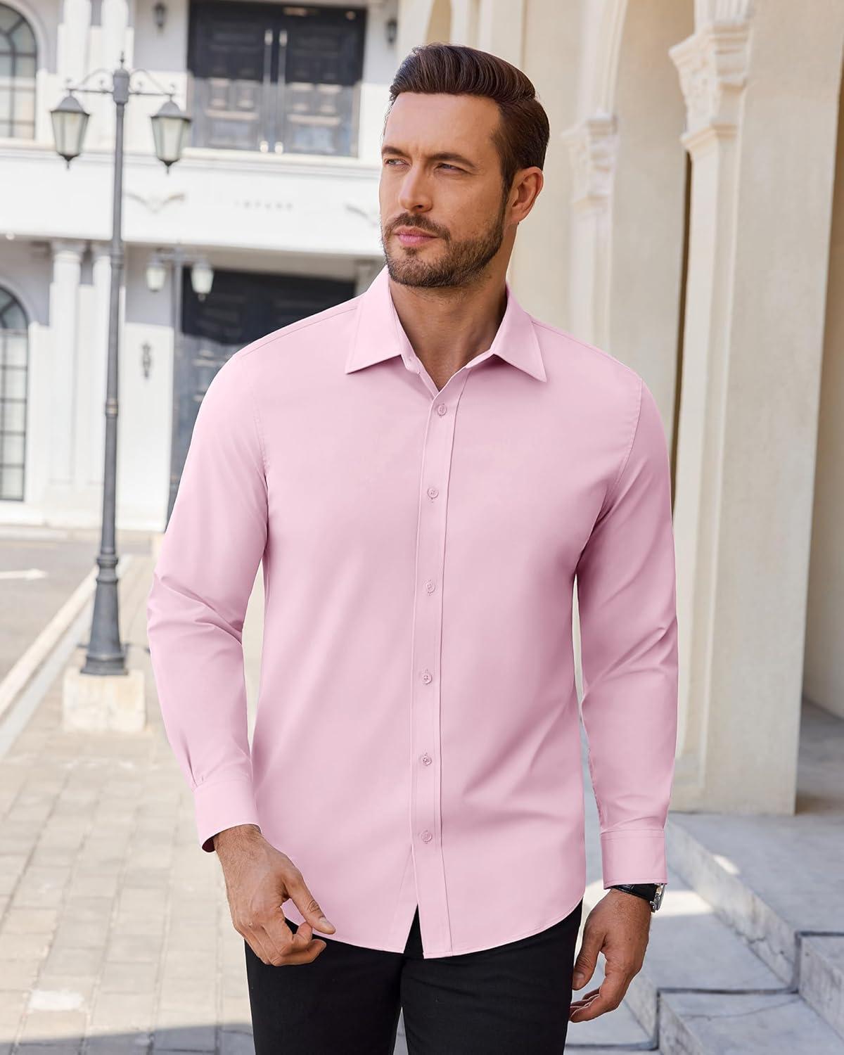 imageAlimens amp Gentle Mens Dress Shirts Stretch Solid Wrinkle Free Button Down Shirt Business Wedding Casual Button Up ShirtPink
