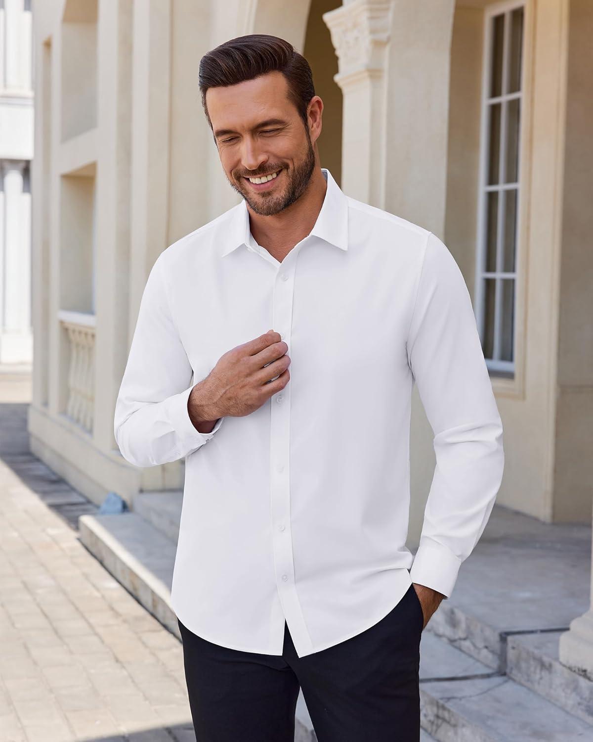 imageAlimens amp Gentle Mens Dress Shirts Stretch Solid Wrinkle Free Button Down Shirt Business Wedding Casual Button Up ShirtWhite