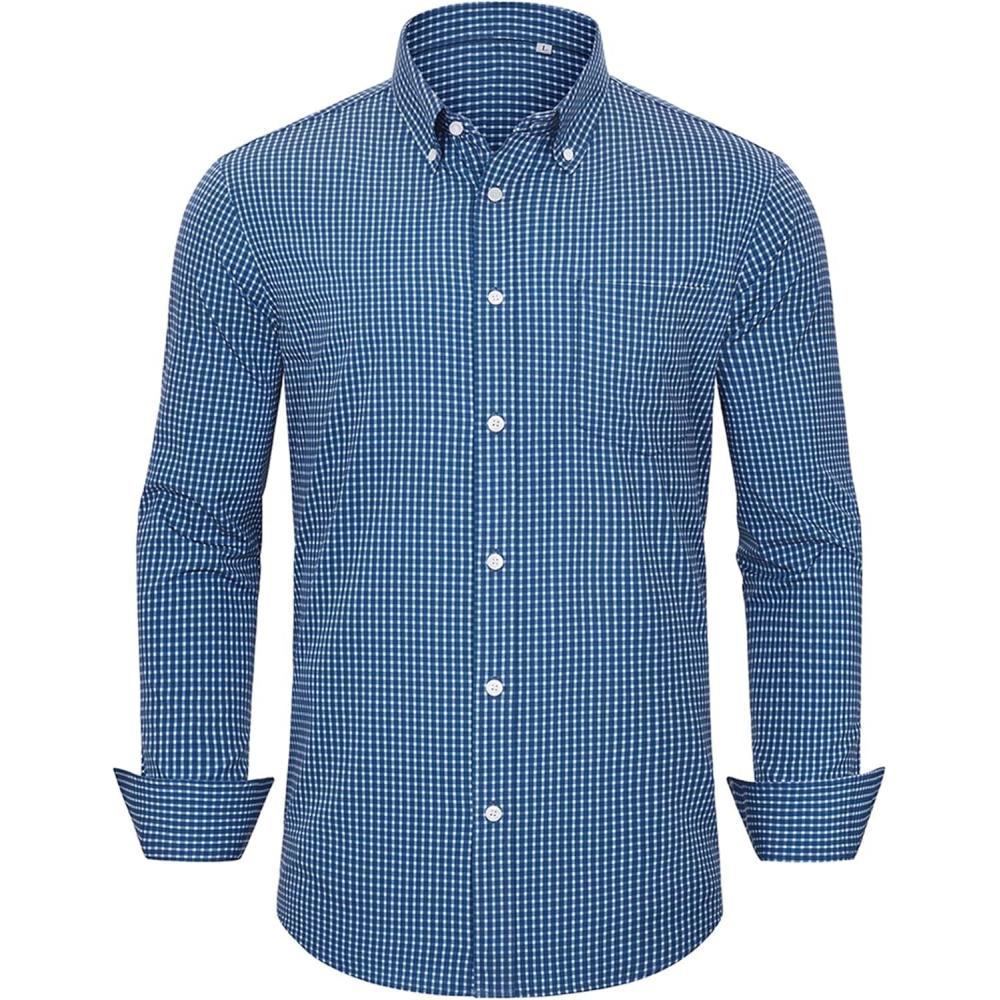 imageAlimens amp Gentle Mens Dress Shirts Long Sleeve Lightweight Gingham Shirts Regular Fit Business Casual Plaid Shirt with PocketNavy White Plaid