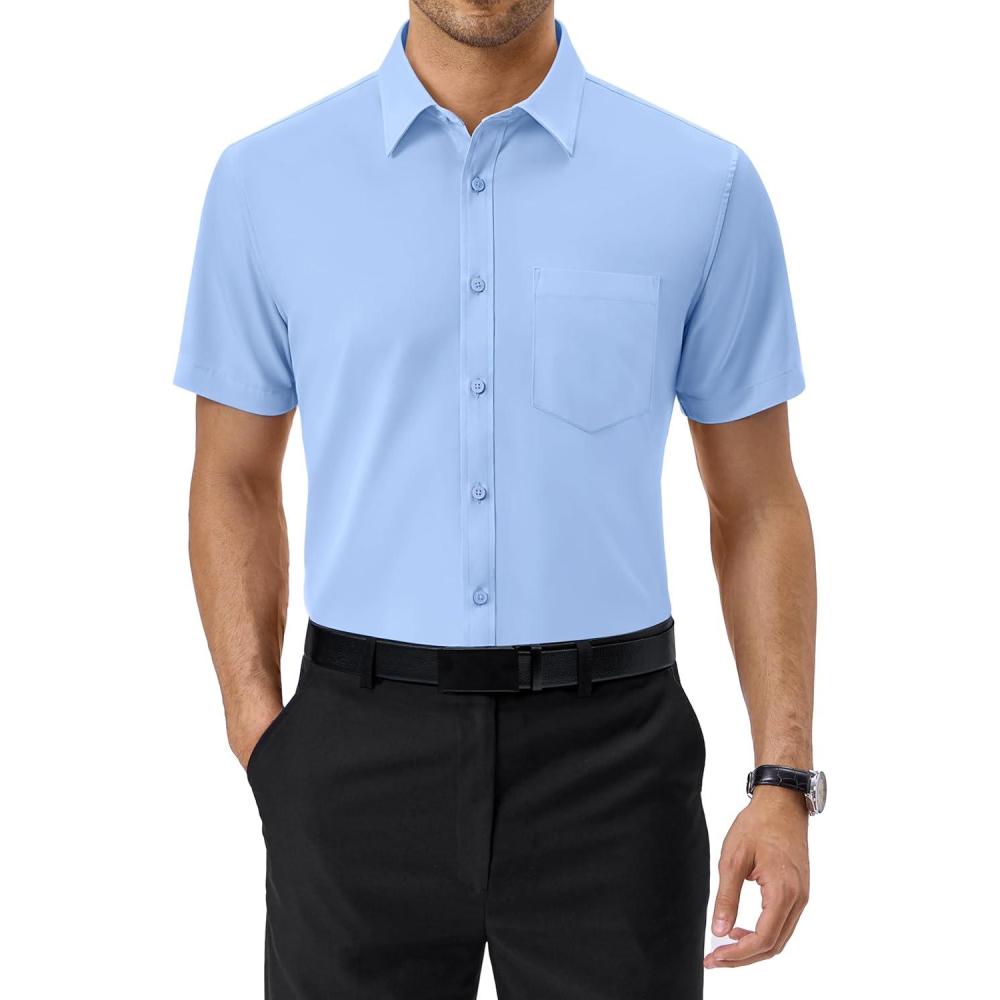imageAlimens amp Gentle Mens Dress Shirts Short Sleeve Wrinkle Free Stretch Regular Fit Formal Casual Button Down Shirt with PocketBlue