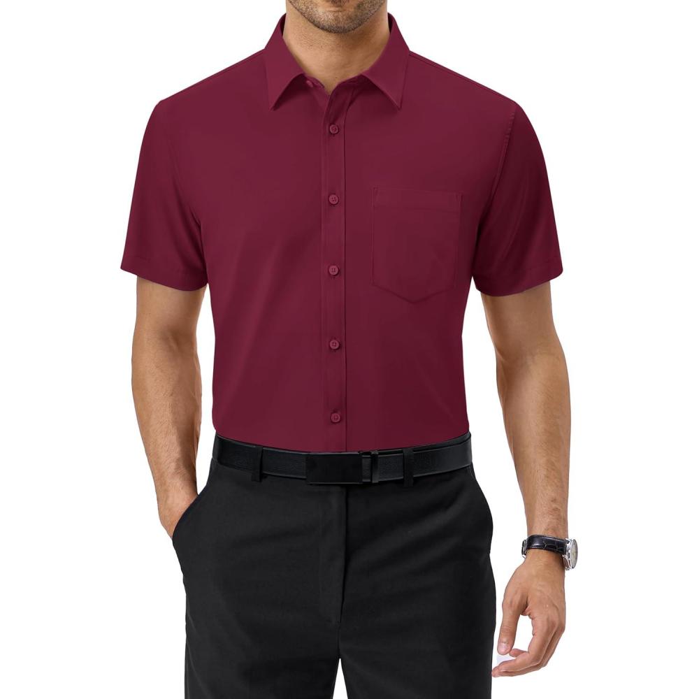 imageAlimens amp Gentle Mens Dress Shirts Short Sleeve Wrinkle Free Stretch Regular Fit Formal Casual Button Down Shirt with PocketBurgundy