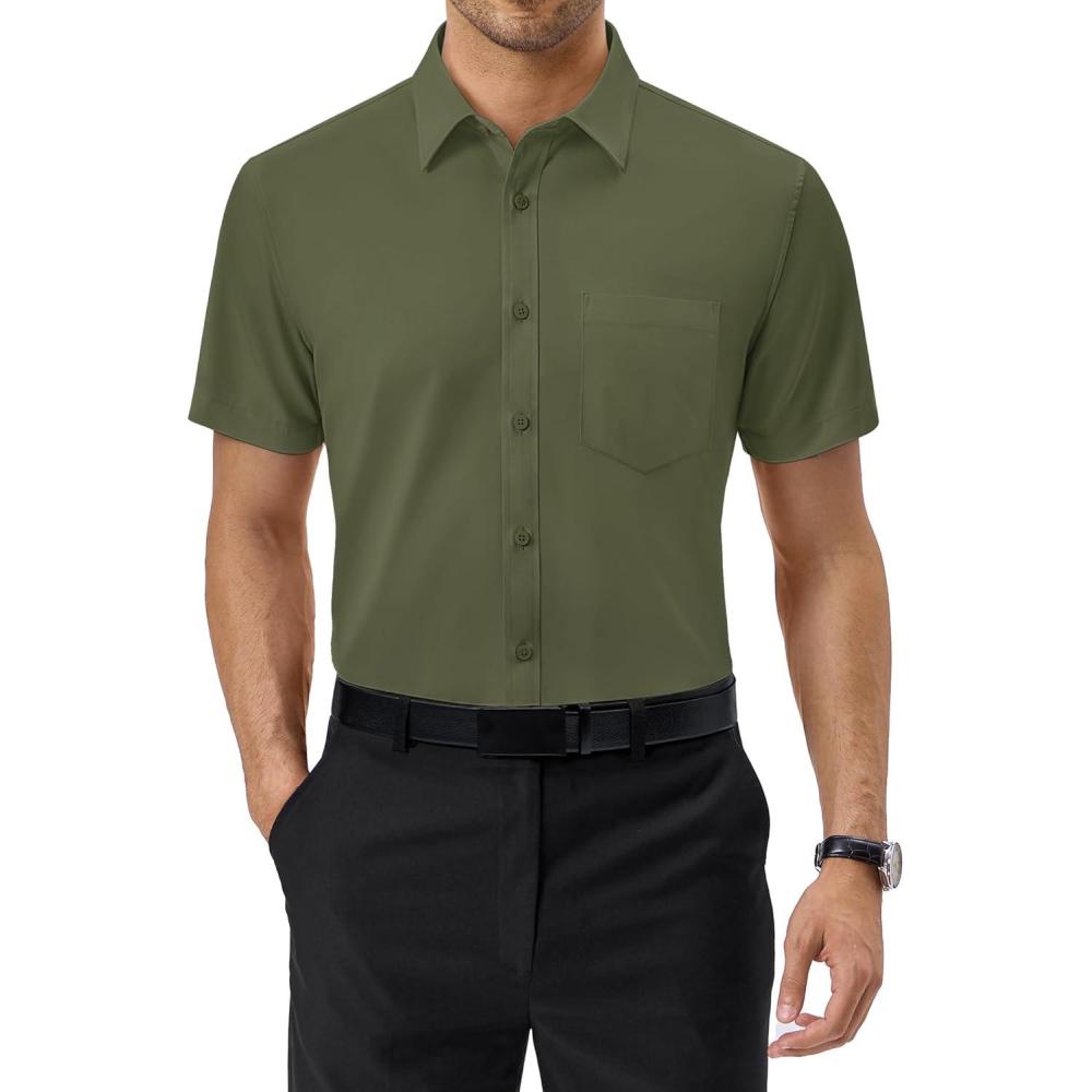 imageAlimens amp Gentle Mens Dress Shirts Short Sleeve Wrinkle Free Stretch Regular Fit Formal Casual Button Down Shirt with PocketOlive