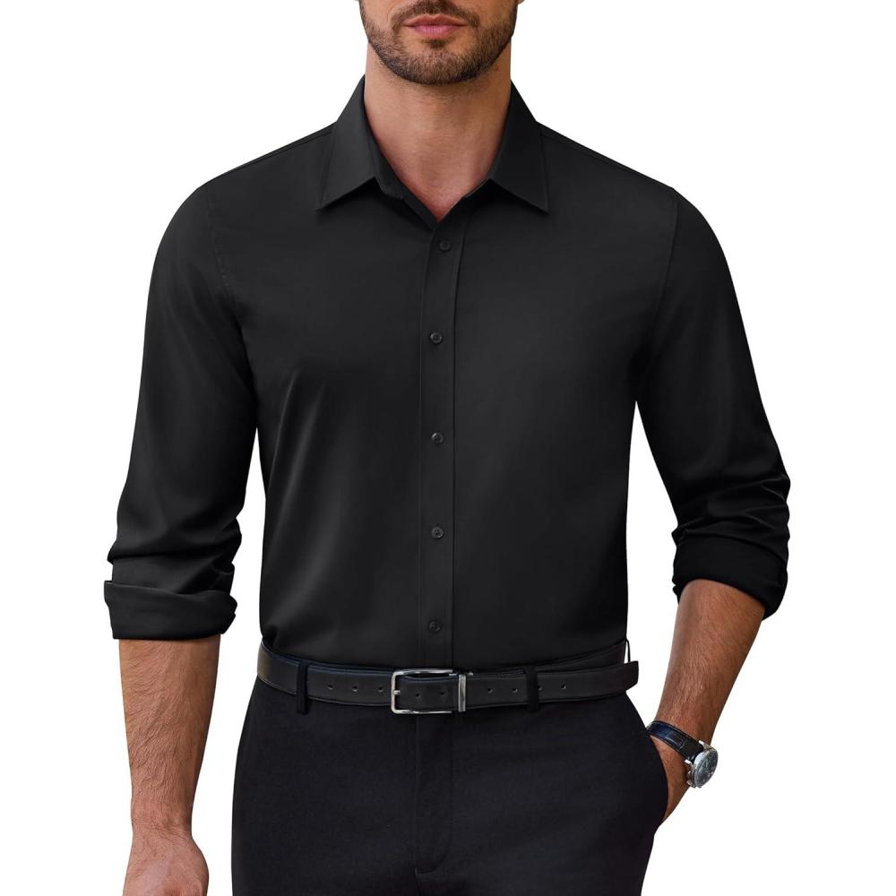 imageAlimens amp Gentle Mens Dress Shirts Stretch Solid Wrinkle Free Button Down Shirt Business Wedding Casual Button Up ShirtBlack