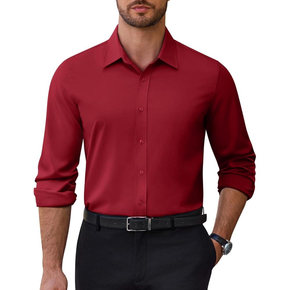 imageAlimens amp Gentle Mens Dress Shirts Stretch Solid Wrinkle Free Button Down Shirt Business Wedding Casual Button Up ShirtBurgundy