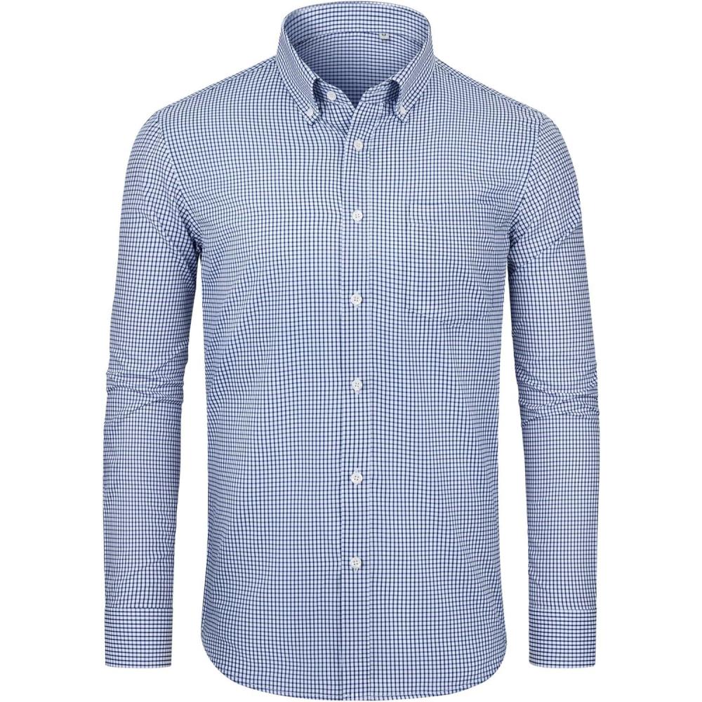imageAlimens amp Gentle Mens Long Sleeve Button Down Shirts Stretch Regular Fit Dress Shirts Casual Work Gingham Shirts with PocketBlue White Plaid