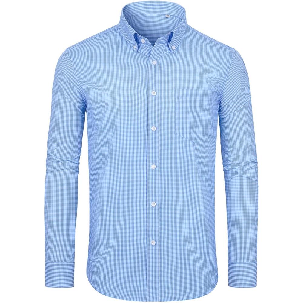 imageAlimens amp Gentle Mens Long Sleeve Button Down Shirts Stretch Regular Fit Dress Shirts Casual Work Gingham Shirts with PocketLight Blue Plaid