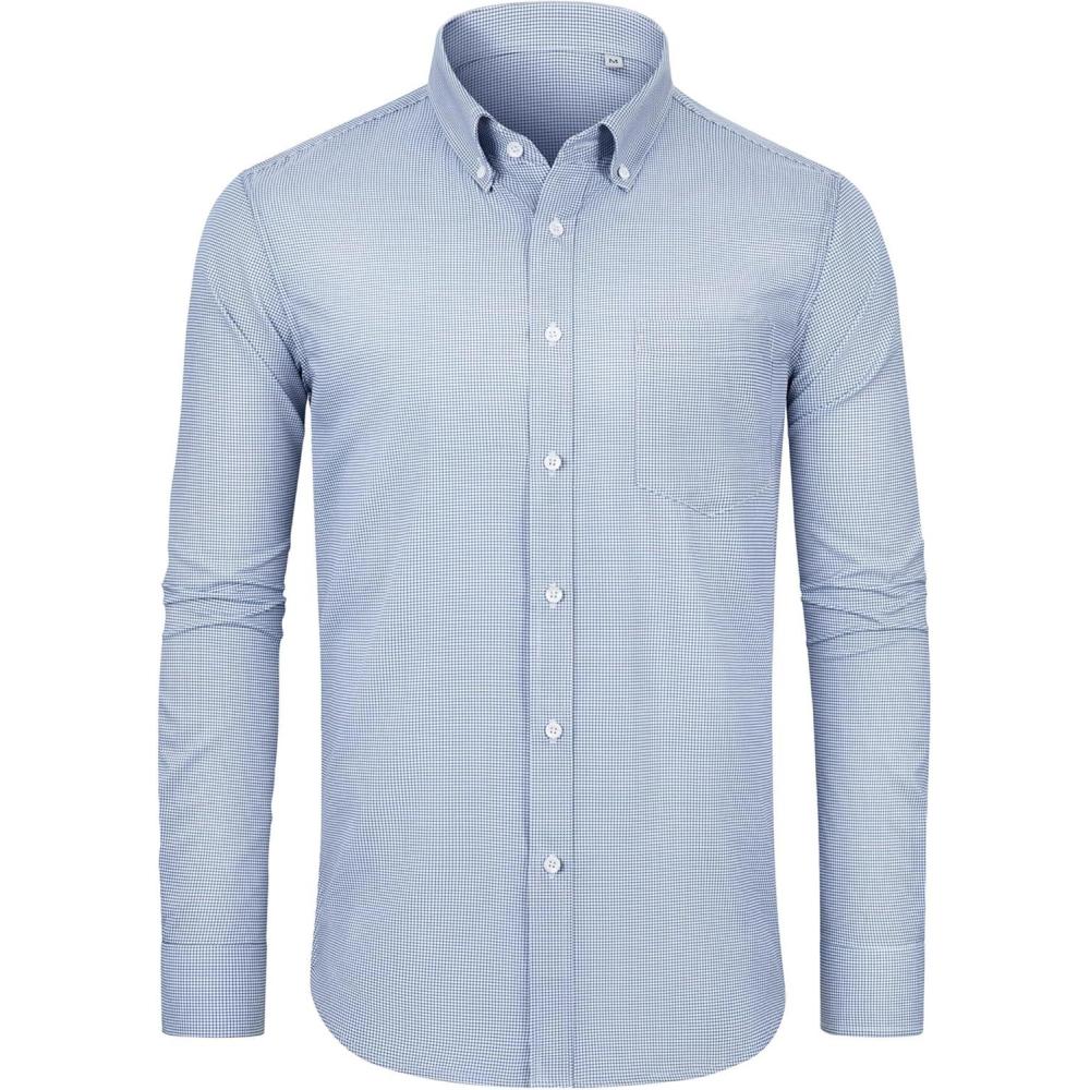 imageAlimens amp Gentle Mens Long Sleeve Button Down Shirts Stretch Regular Fit Dress Shirts Casual Work Gingham Shirts with PocketNavy Gingham