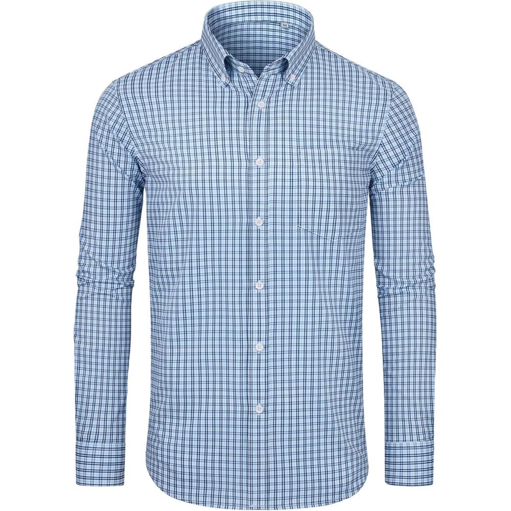 imageAlimens amp Gentle Mens Long Sleeve Button Down Shirts Stretch Regular Fit Dress Shirts Casual Work Gingham Shirts with PocketSky Blue Navy Plaid