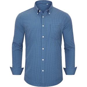 Alimens & Gentle Mens Dress Shirts Long Sleeve Lightweight Gingham Shirts Regular Fit Business Casual Plaid Shirt with Pocket(Navy White Plaid)