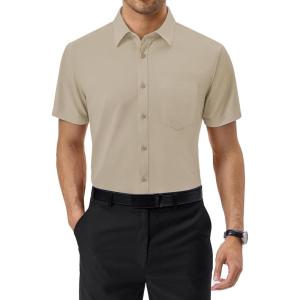 Alimens & Gentle Mens Dress Shirts Short Sleeve Wrinkle Free Stretch Regular Fit Formal Casual Button Down Shirt with Pocket(Beige)