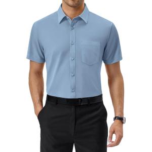 Alimens & Gentle Mens Dress Shirts Short Sleeve Wrinkle Free Stretch Regular Fit Formal Casual Button Down Shirt with Pocket(Blue Tempest)