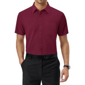 Alimens & Gentle Mens Dress Shirts Short Sleeve Wrinkle Free Stretch Regular Fit Formal Casual Button Down Shirt with Pocket(Burgundy)