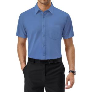 Alimens & Gentle Mens Dress Shirts Short Sleeve Wrinkle Free Stretch Regular Fit Formal Casual Button Down Shirt with Pocket(Dusty Blue)