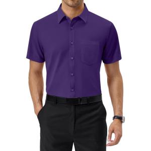 Alimens & Gentle Mens Dress Shirts Short Sleeve Wrinkle Free Stretch Regular Fit Formal Casual Button Down Shirt with Pocket(Grape Purple)