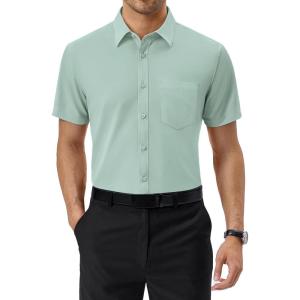 Alimens & Gentle Mens Dress Shirts Short Sleeve Wrinkle Free Stretch Regular Fit Formal Casual Button Down Shirt with Pocket(Green)