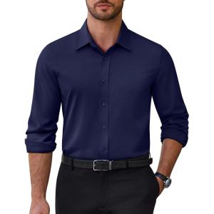 Alimens & Gentle Mens Dress Shirts Stretch Solid Wrinkle Free Button Down Shirt Business Wedding Casual Button Up Shirt(Navy Blue)