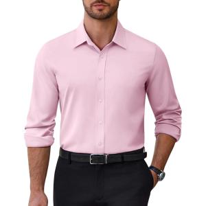 Alimens & Gentle Mens Dress Shirts Stretch Solid Wrinkle Free Button Down Shirt Business Wedding Casual Button Up Shirt(Pink)