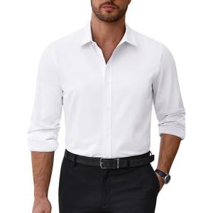 Alimens & Gentle Mens Dress Shirts Stretch Solid Wrinkle Free Button Down Shirt Business Wedding Casual Button Up Shirt(White)