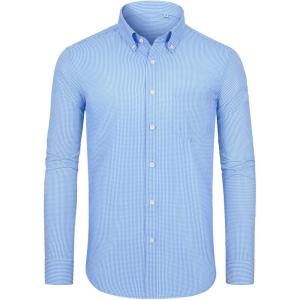 Alimens & Gentle Mens Long Sleeve Button Down Shirts Stretch Regular Fit Dress Shirts Casual Work Gingham Shirts with Pocket(Light Blue Plaid)