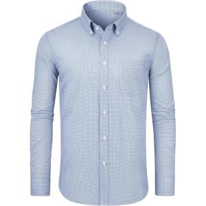 Alimens & Gentle Mens Long Sleeve Button Down Shirts Stretch Regular Fit Dress Shirts Casual Work Gingham Shirts with Pocket(Navy Gingham)