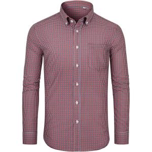Alimens & Gentle Mens Long Sleeve Button Down Shirts Stretch Regular Fit Dress Shirts Casual Work Gingham Shirts with Pocket(Red Black Plaid)