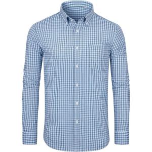 Alimens & Gentle Mens Long Sleeve Button Down Shirts Stretch Regular Fit Dress Shirts Casual Work Gingham Shirts with Pocket(Sky Blue Navy Plaid)