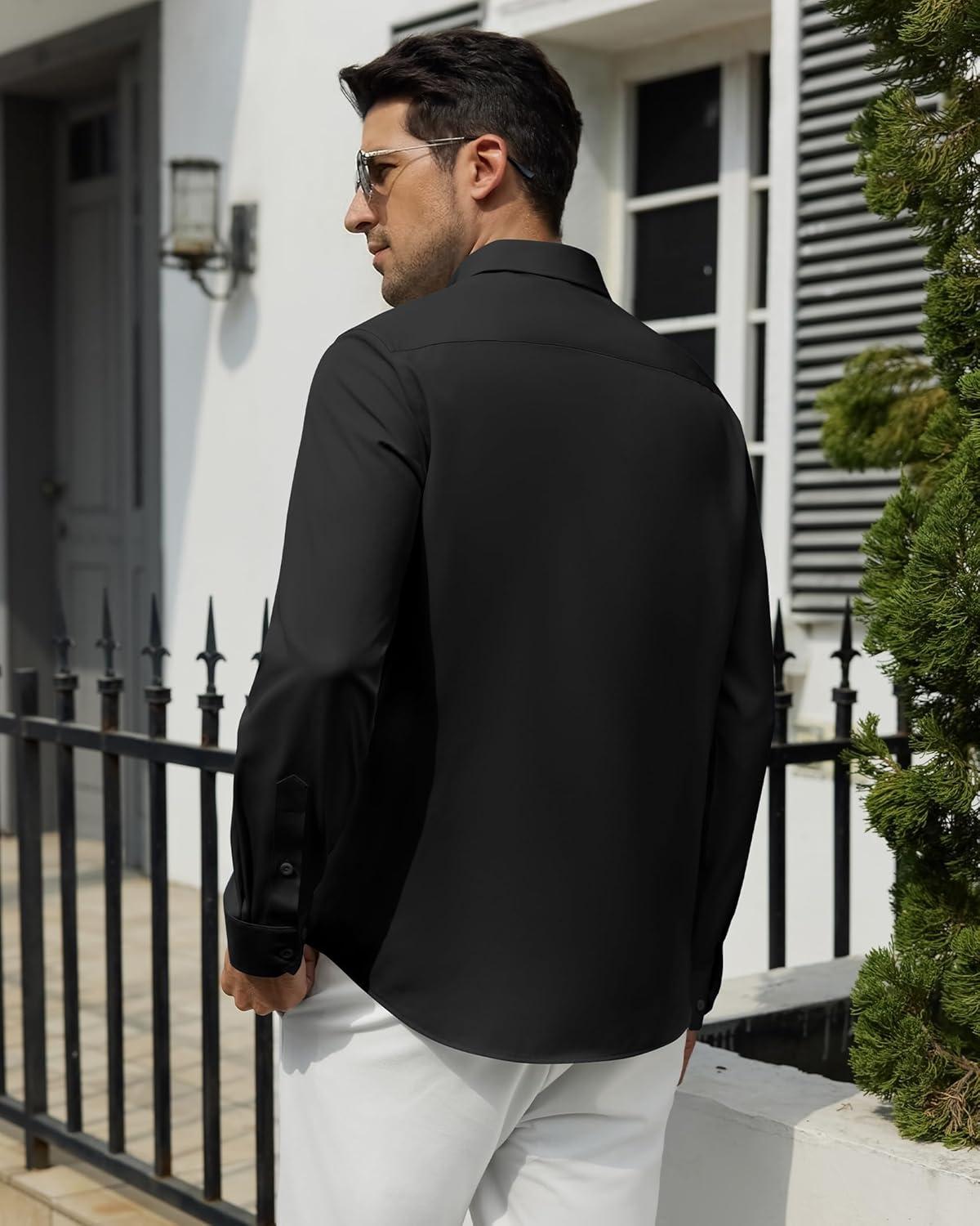 imageAlimens amp Gentle Mens Dress Shirts Wrinkle Free Long Sleeve Stretch Button Down Shirt for Business Casual WeddingBlack