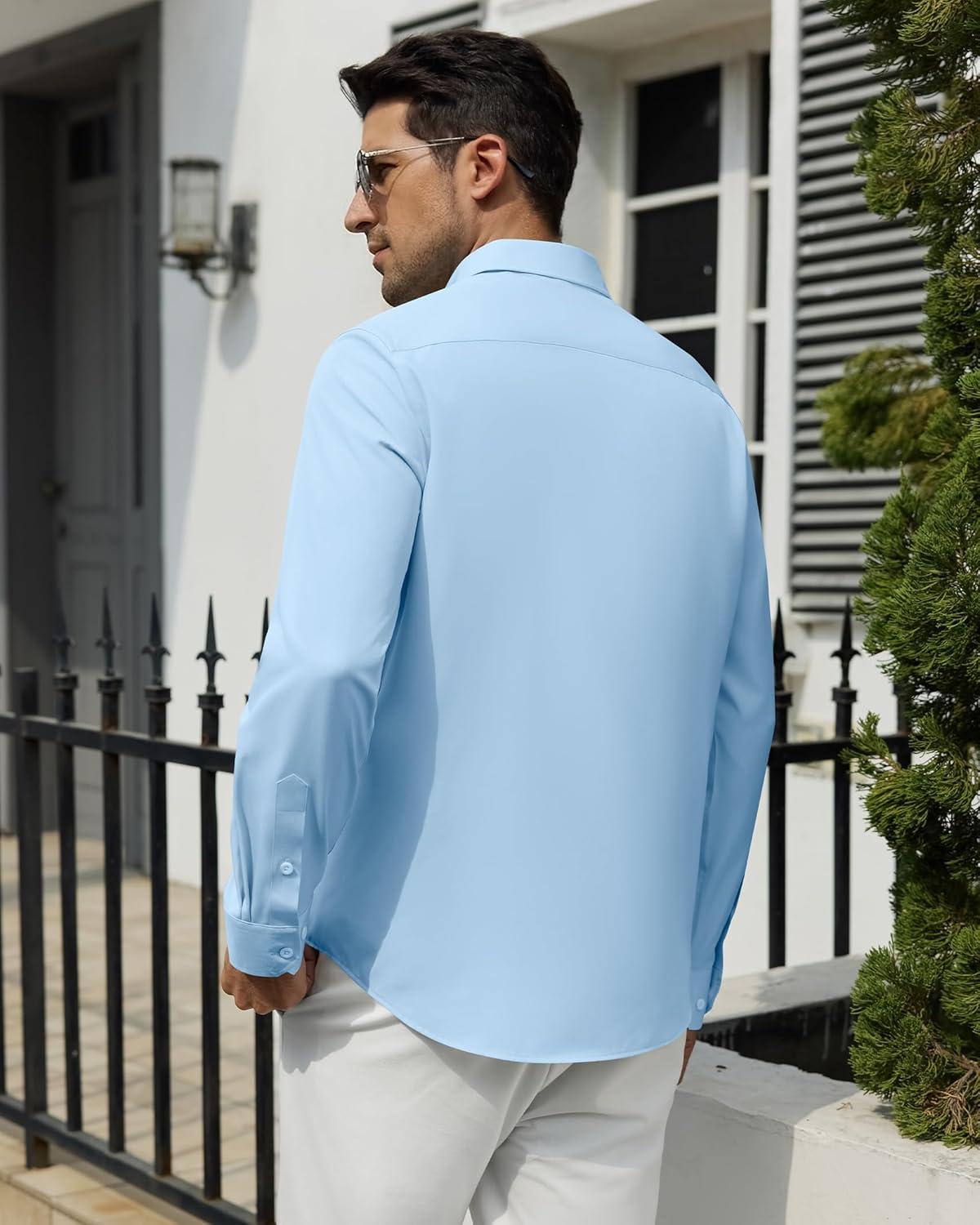 imageAlimens amp Gentle Mens Dress Shirts Wrinkle Free Long Sleeve Stretch Button Down Shirt for Business Casual WeddingBlue