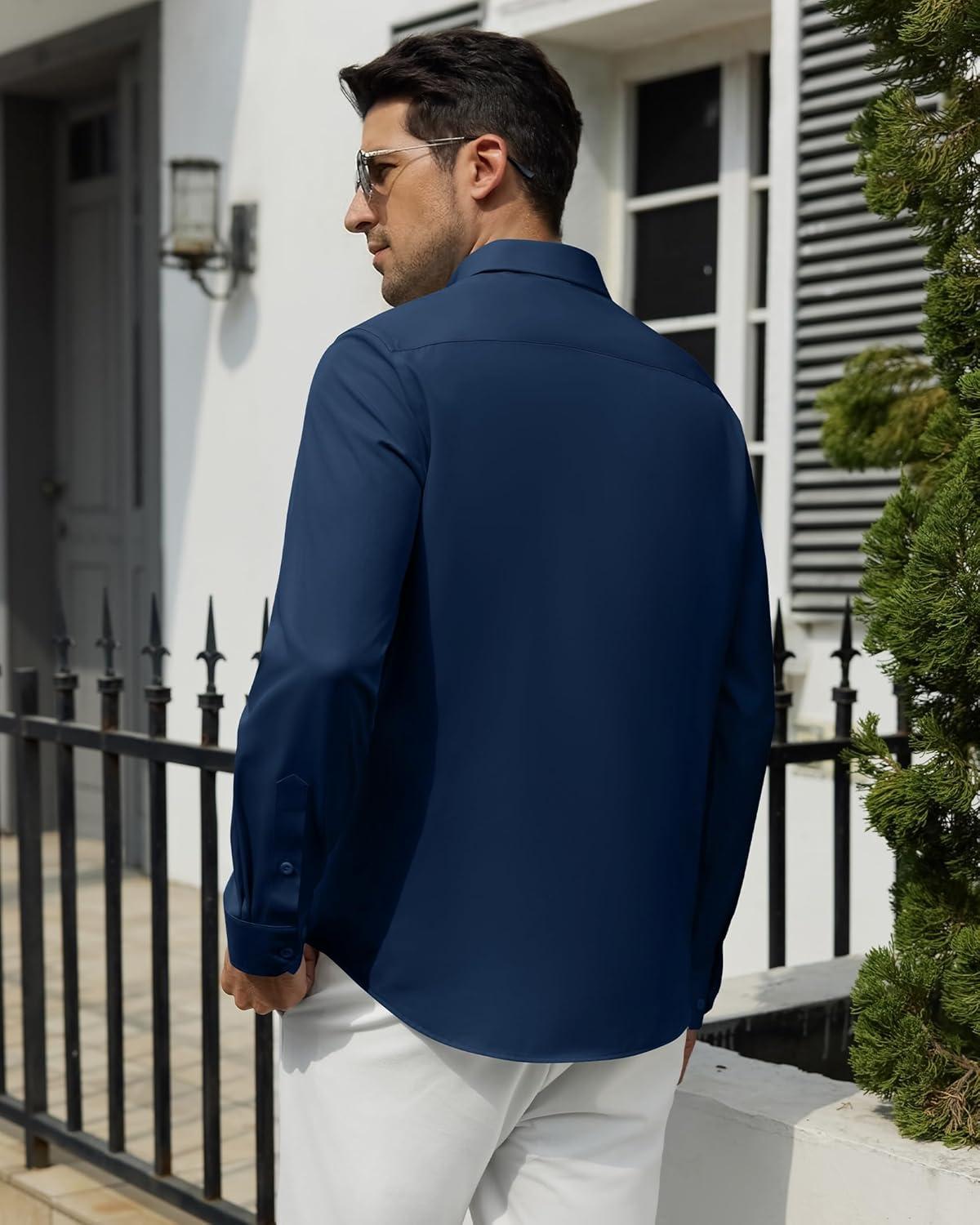imageAlimens amp Gentle Mens Dress Shirts Wrinkle Free Long Sleeve Stretch Button Down Shirt for Business Casual WeddingNavy Blue