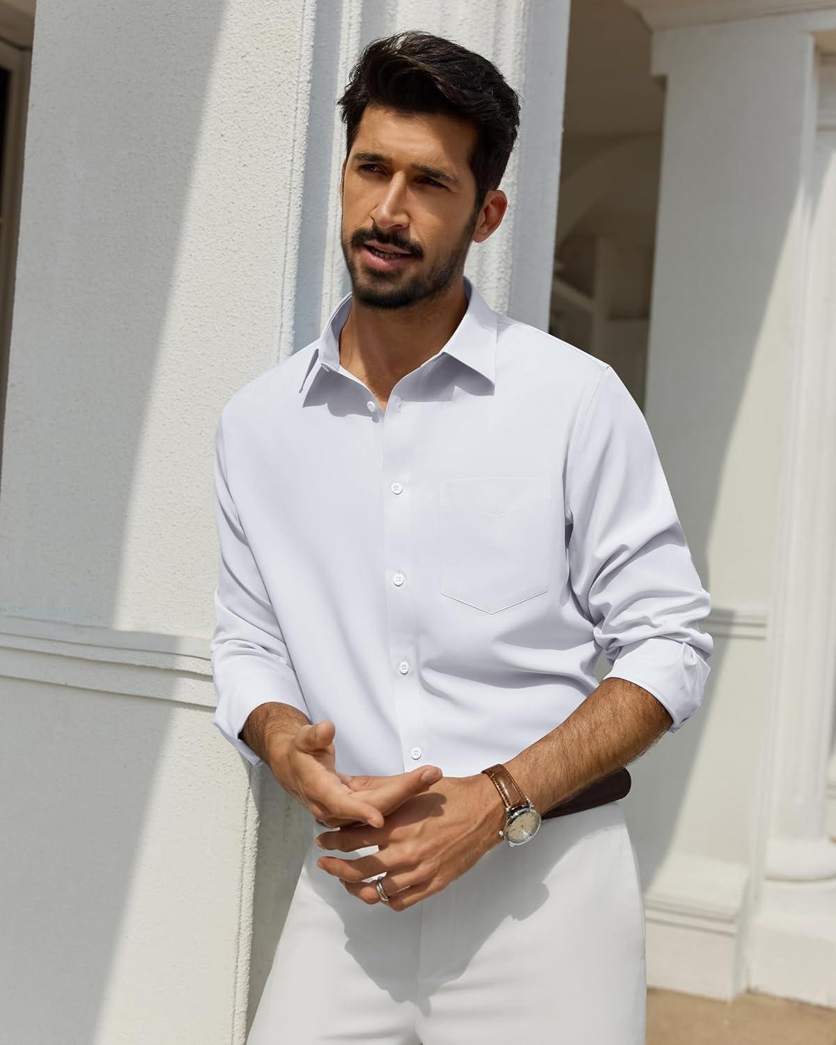 imageAlimens amp Gentle Mens Dress Shirts Wrinkle Free Long Sleeve Stretch Button Down Shirt for Business Casual WeddingWhite
